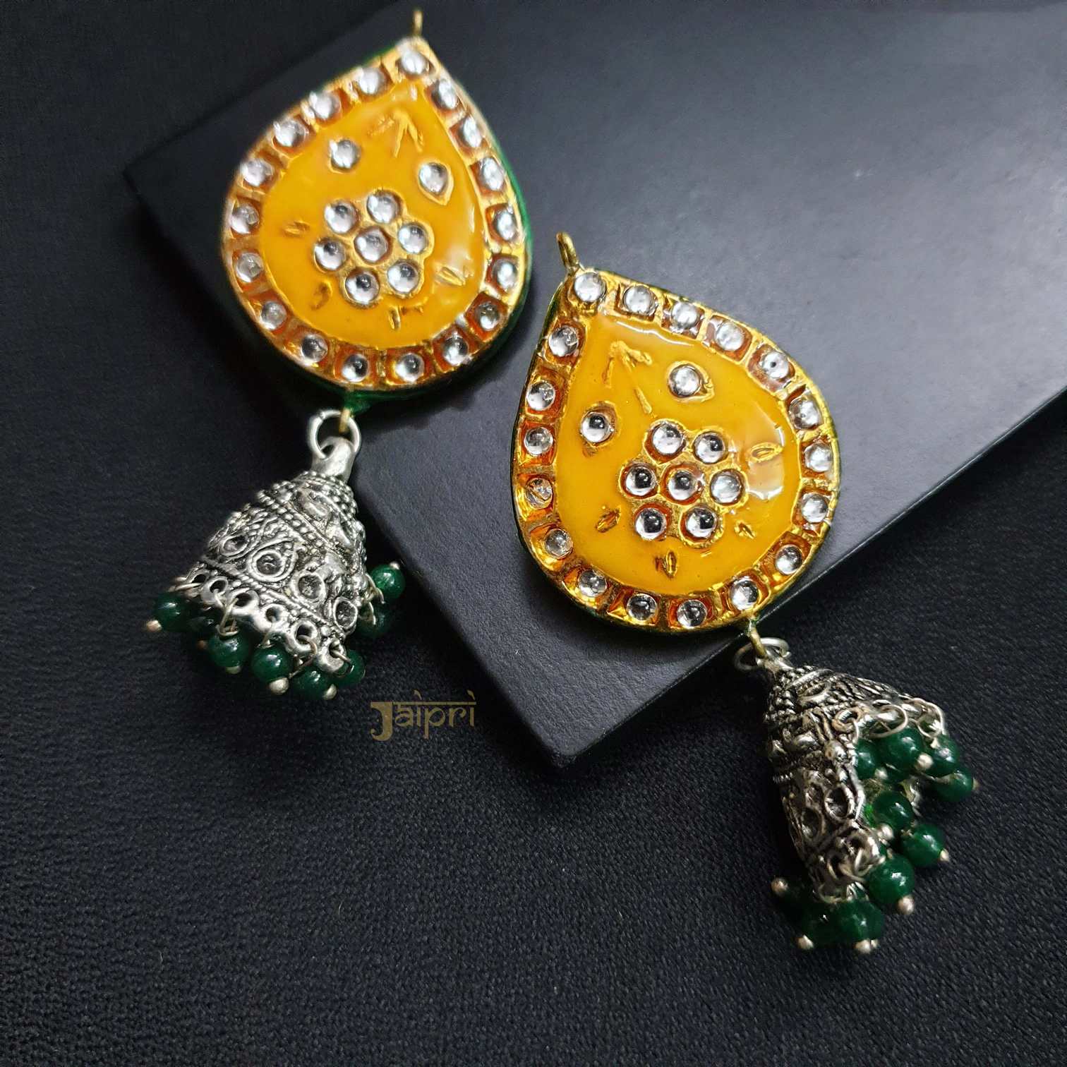 Yellow Tear-Drop Design Kundan & Meenakari Jhumki Earrings