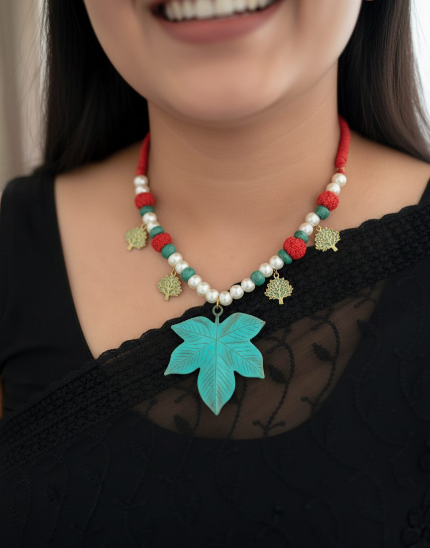 Turquoise Leaf Designer Thread Necklace
