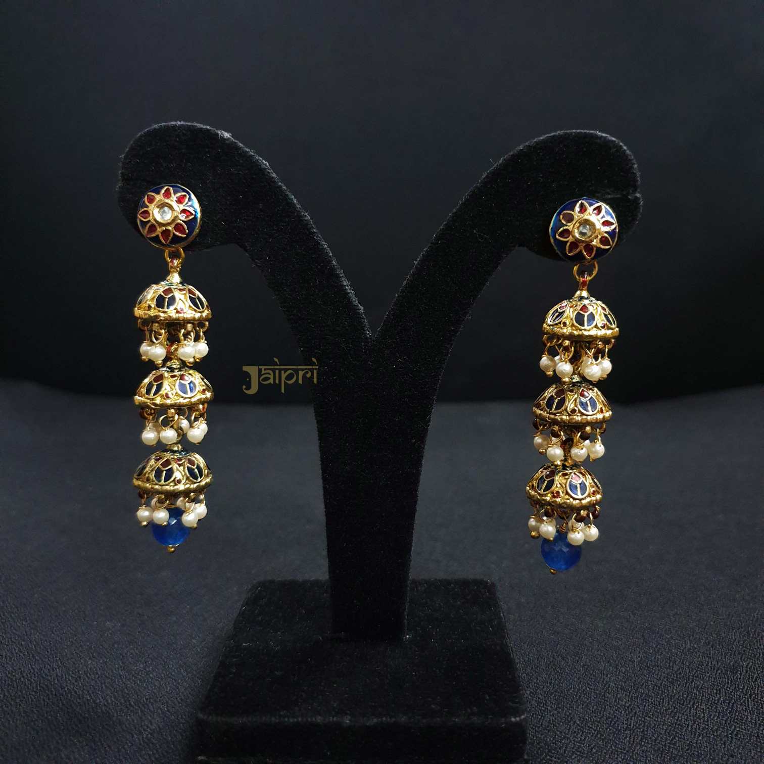 Blue Floral Jhumki Meenakari Earrings