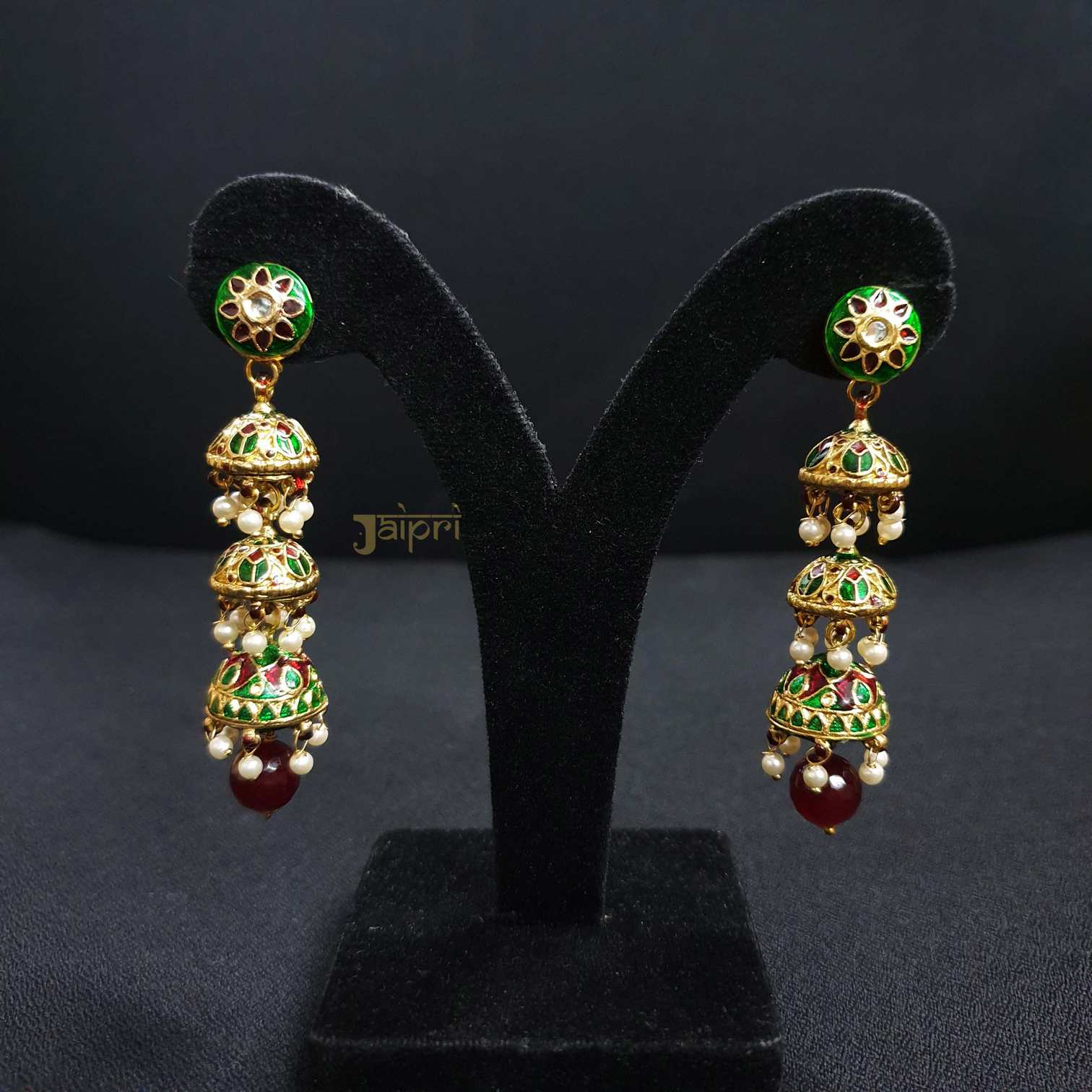 Green Meenakari Floral Layered Jhumki Earrings