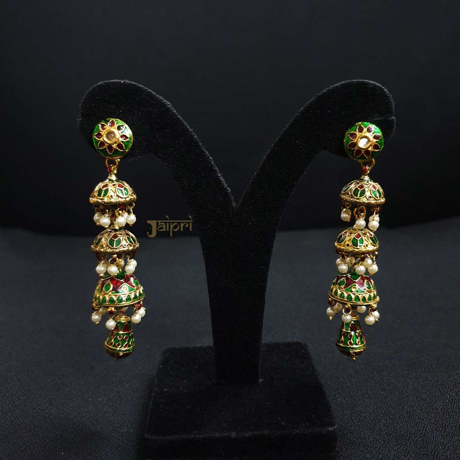Green Meenakari Layered Jhumki