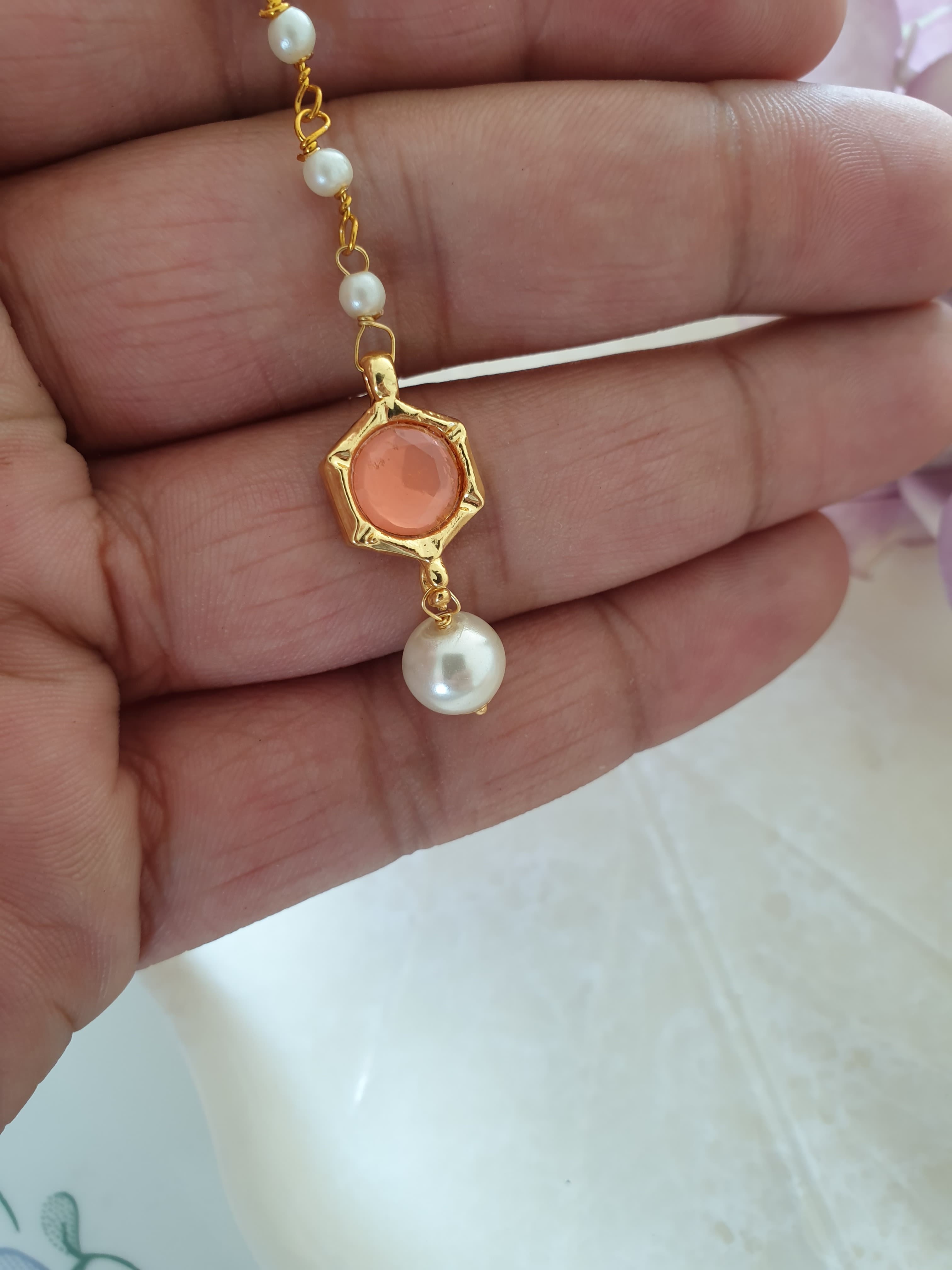 Orange Stone Meenakari Pearl Beaded Maang Tikka