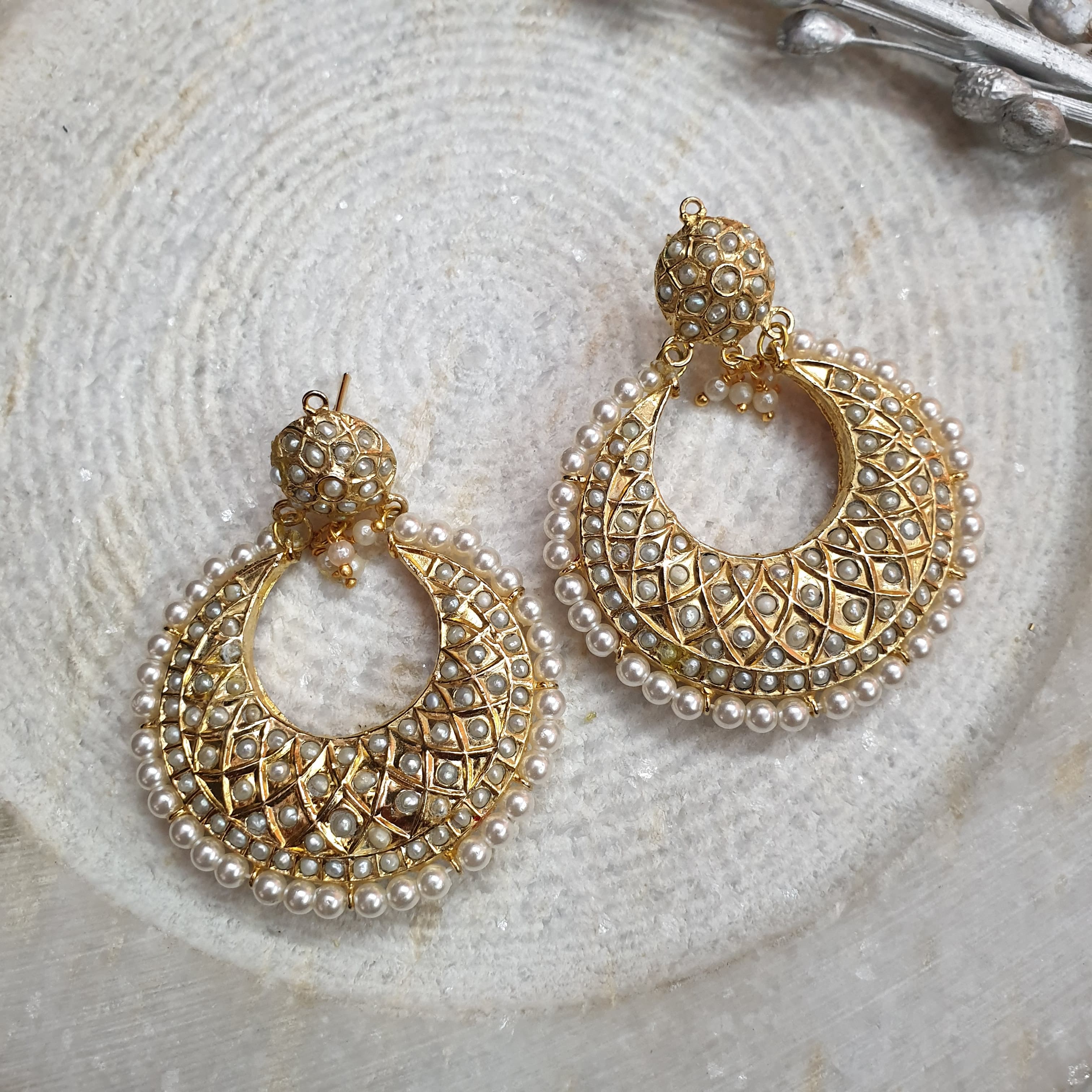 Real Pearl Jadau Chandbali Earrings