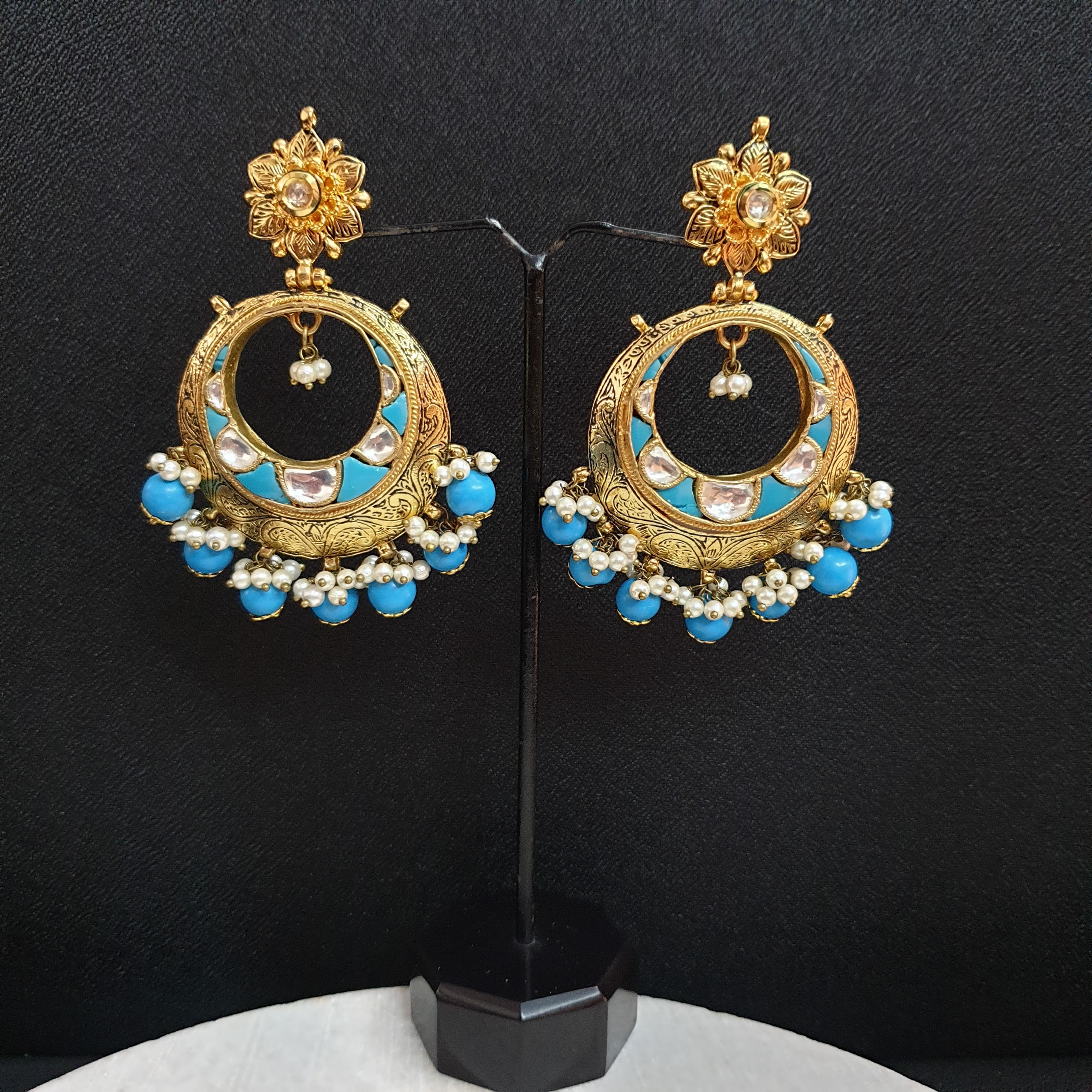 Antique Turquoise Meenakari Chandbali Earrings