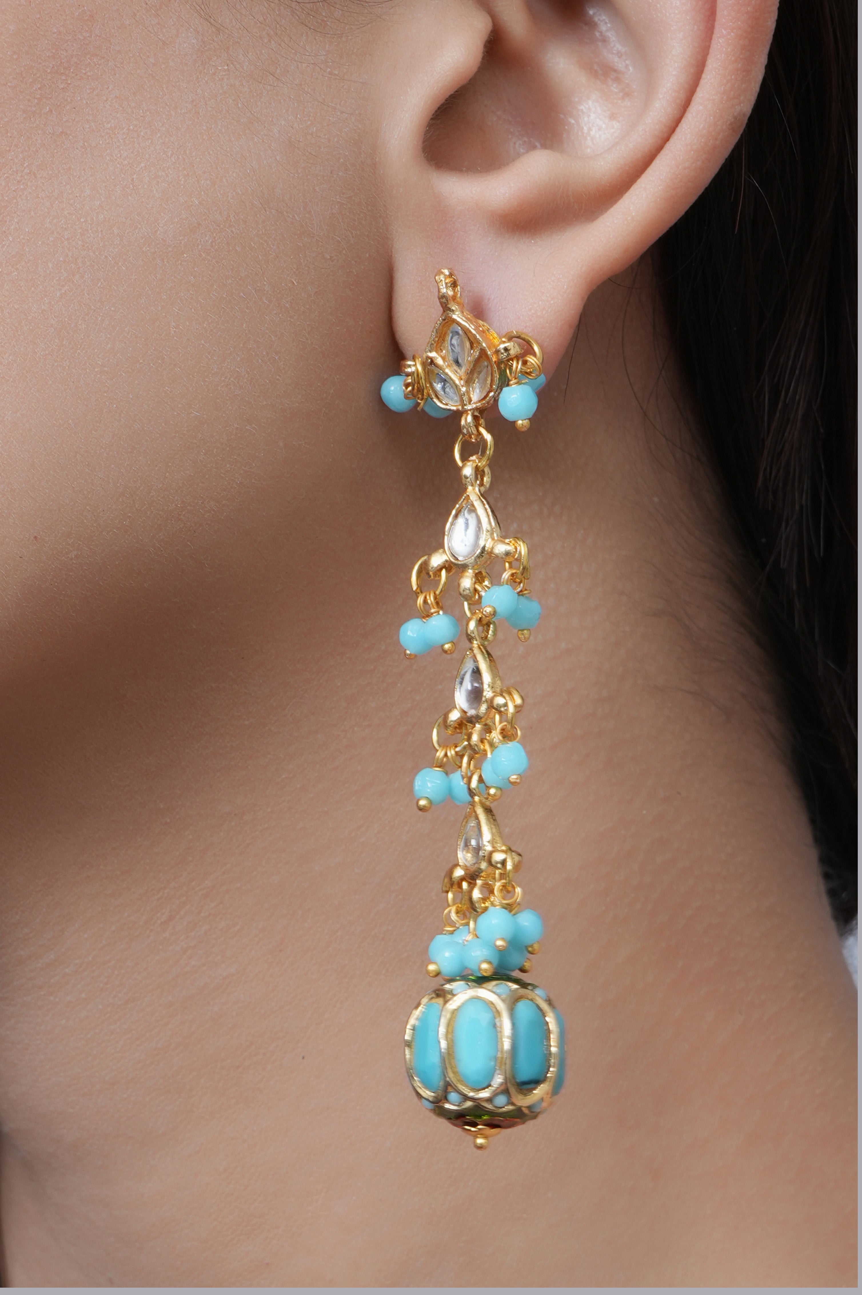 Delicate Turquoise Jadau Bead Kundan Earrings