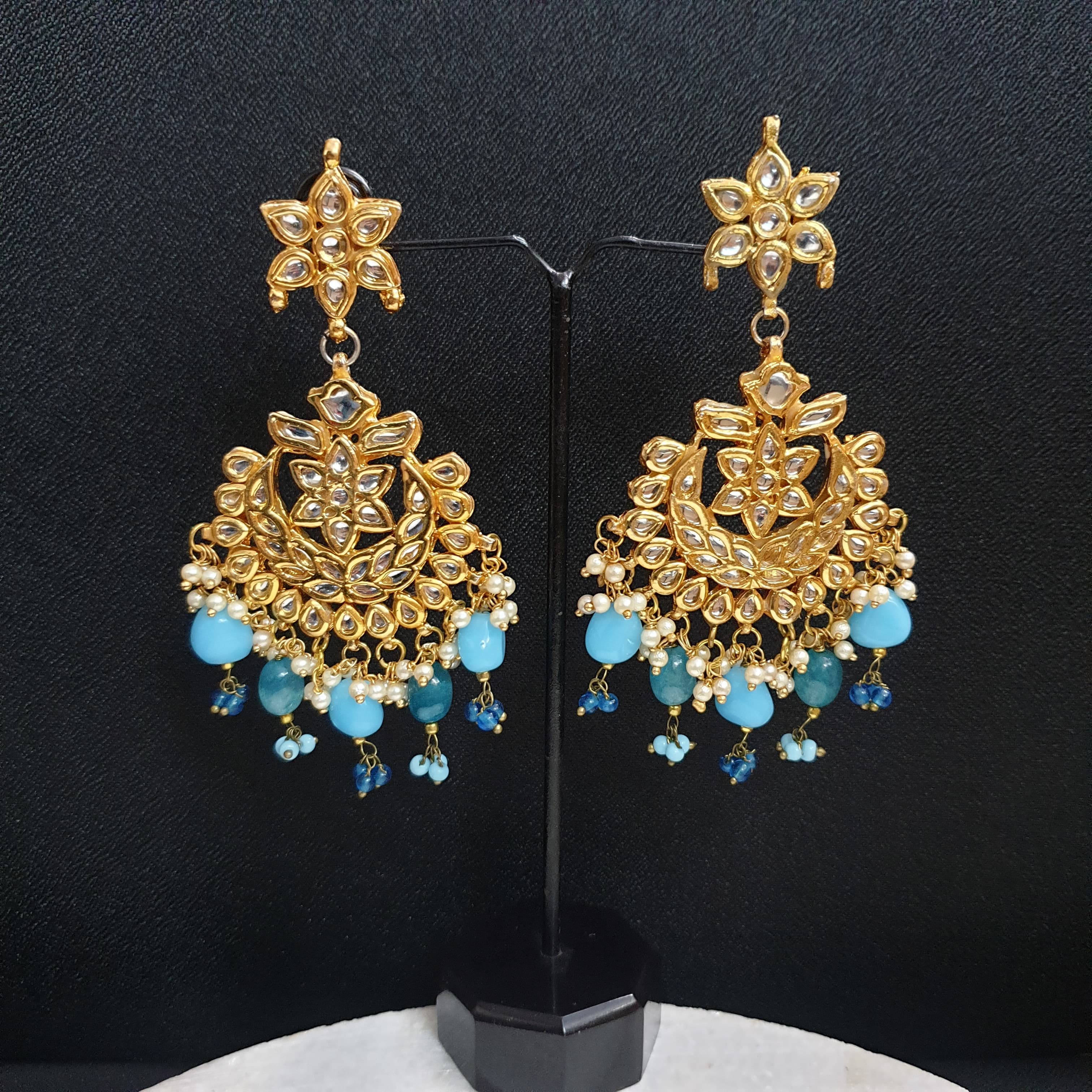 Turquoise Beading Kundan Chandbali Earrings