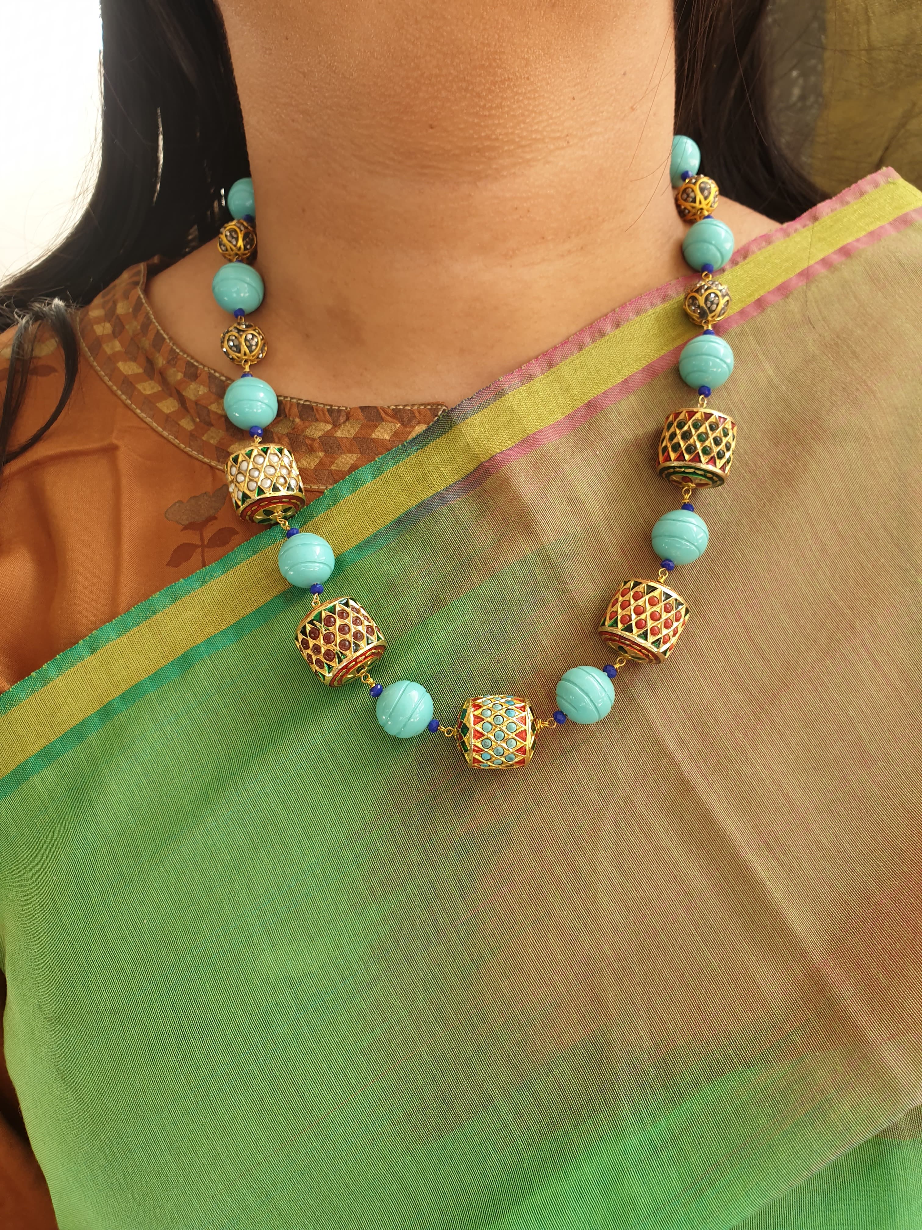 Turquoise Beaded Jadau Necklace With Earrings