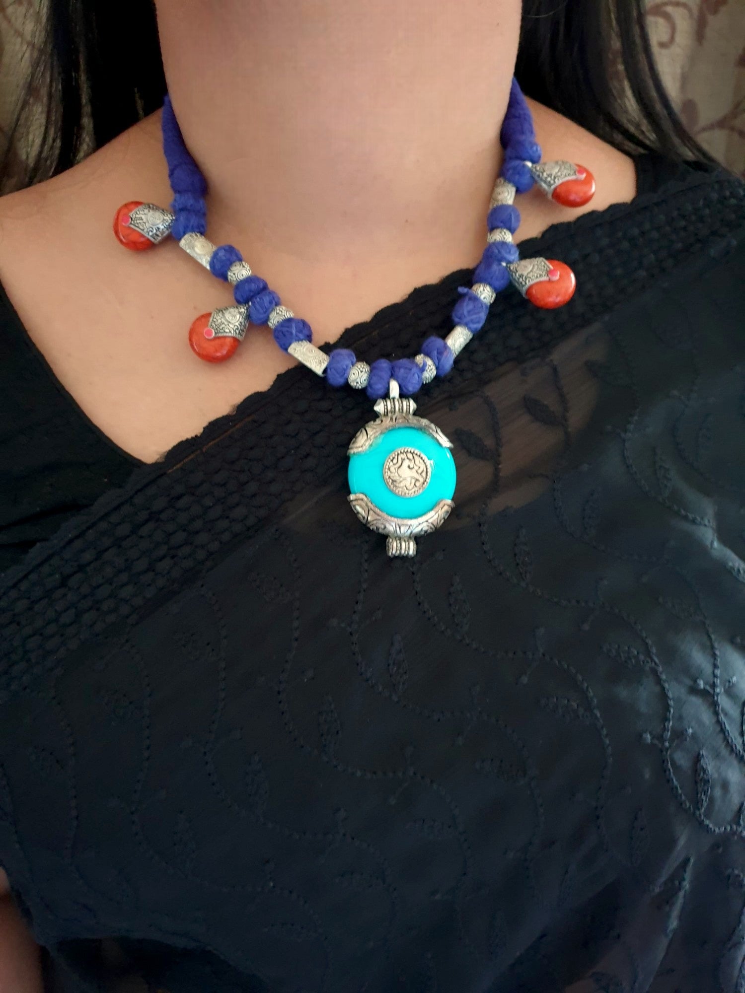 Turquoise Stone, Choker Necklace With Jhumki Earrings
