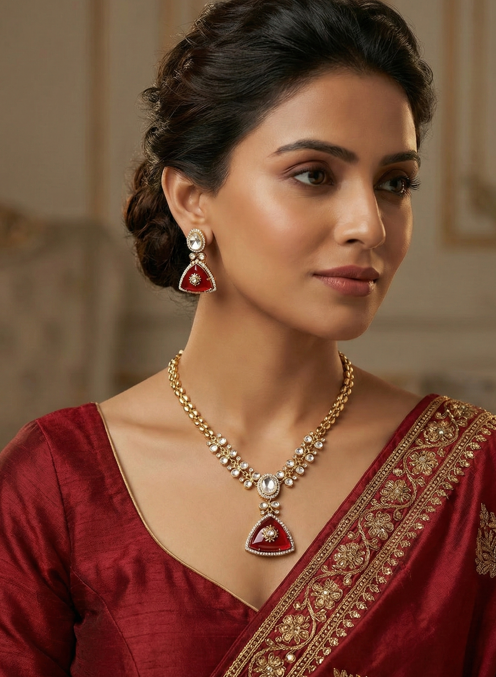Ruby Red Kundan Delicate Chain Necklace Set