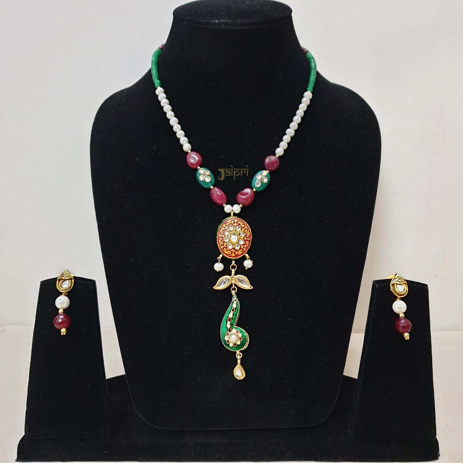 Green and Pearl Beads Kundan Meenakari Pendant With Earrings