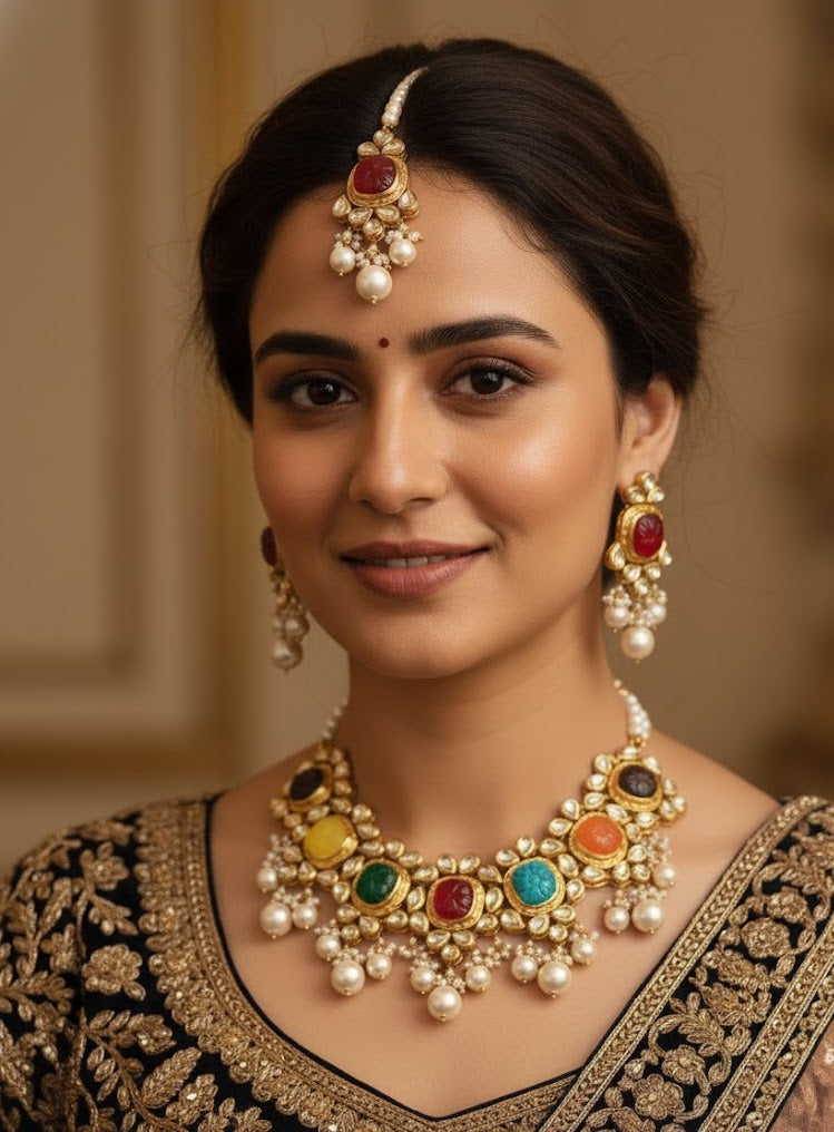 Navratana Stone Kundan Necklace Set With Earrings and Maang Tikka