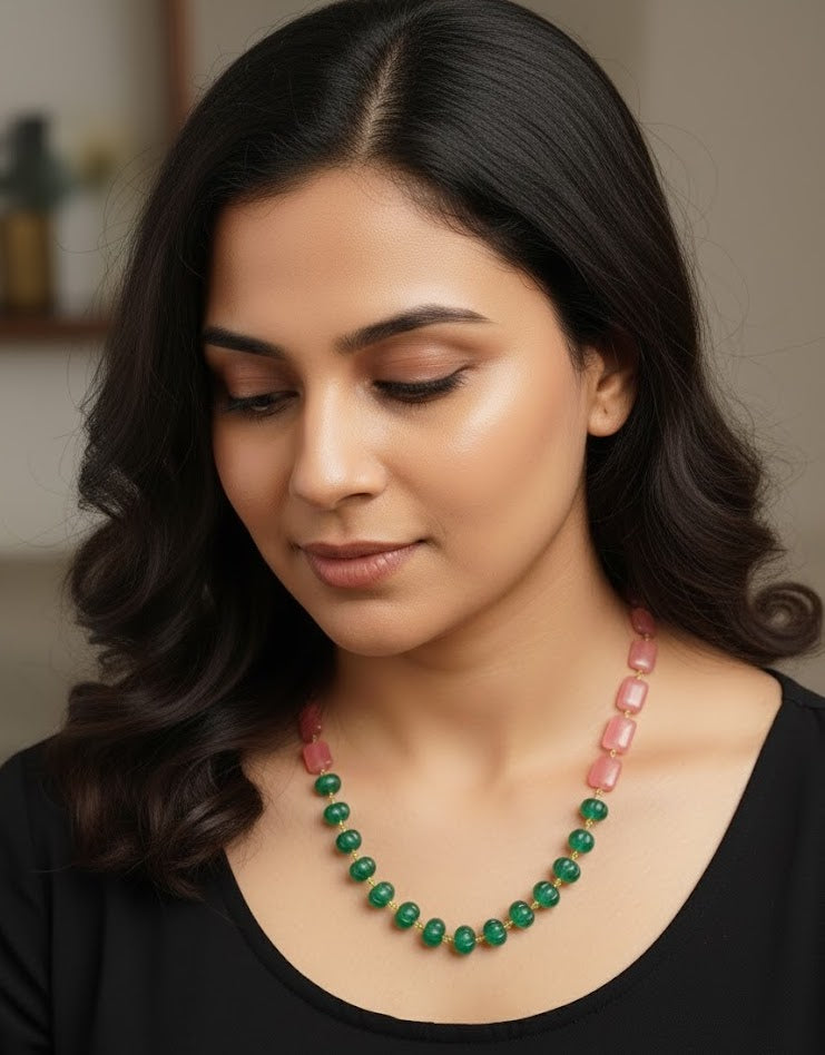 Green Pumpkin Pink Stone Beaded Necklace