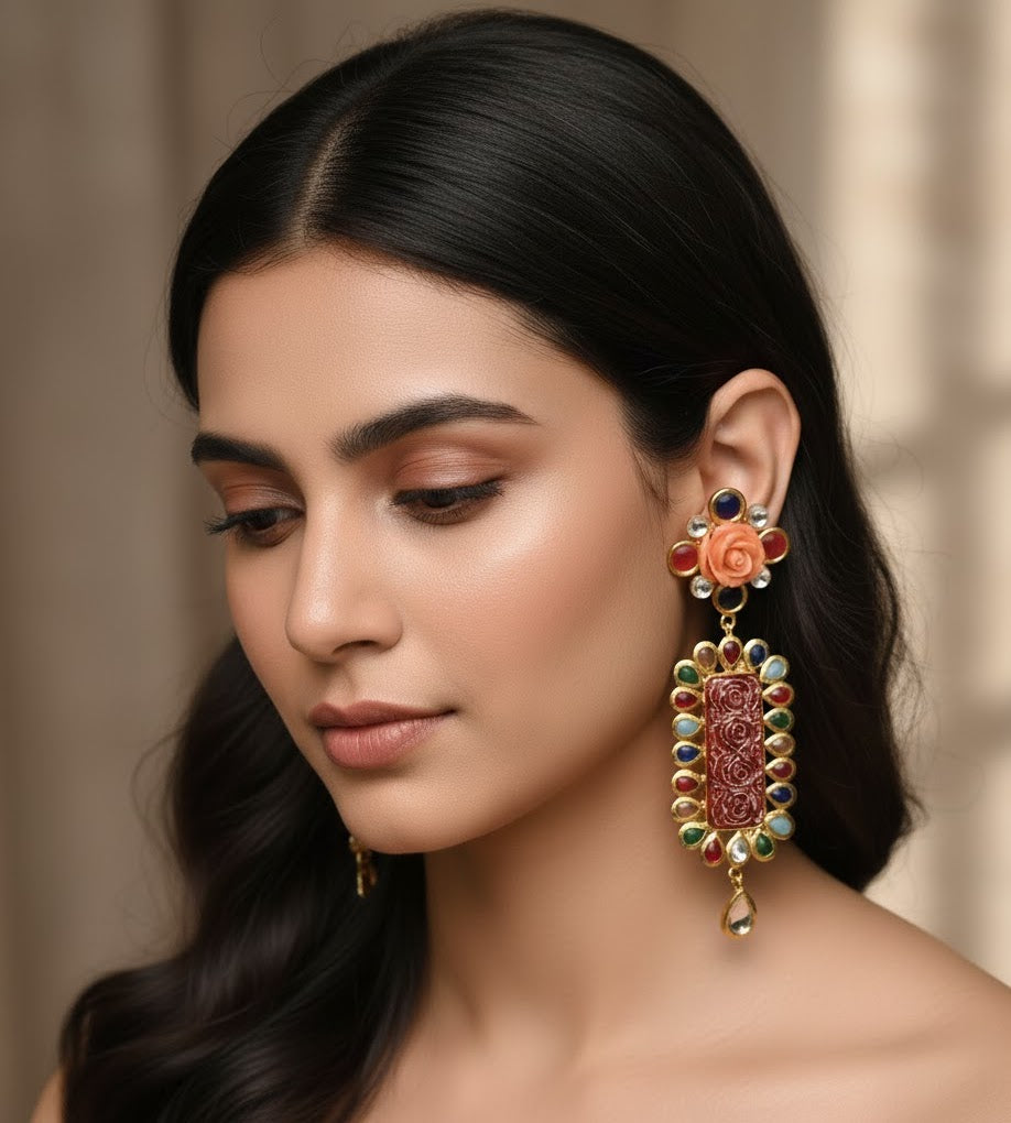 22k Gold Plated Multicolor Floral Long Earrings
