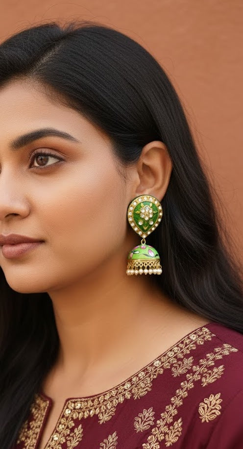 Green Kundan Handpainted Jhumki Earrings