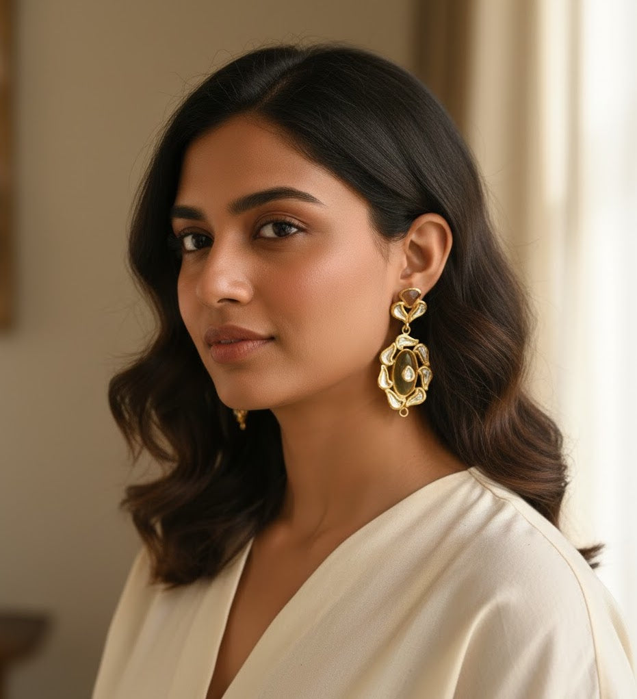 22k Gold Plated Yellow Kundan Earrings
