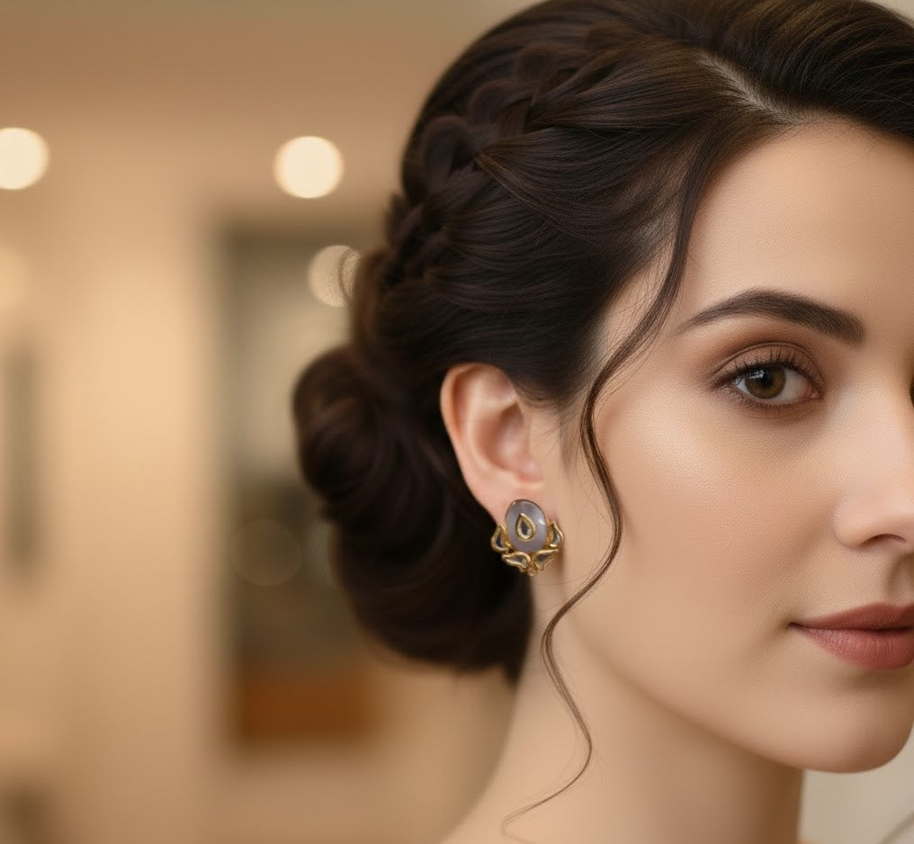 22k Gold Plated Grey Kundan Earrings