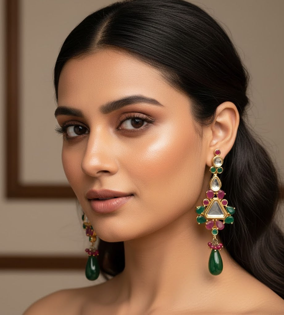 22k Gold Plated Pink Stone Long Kundan Earrings