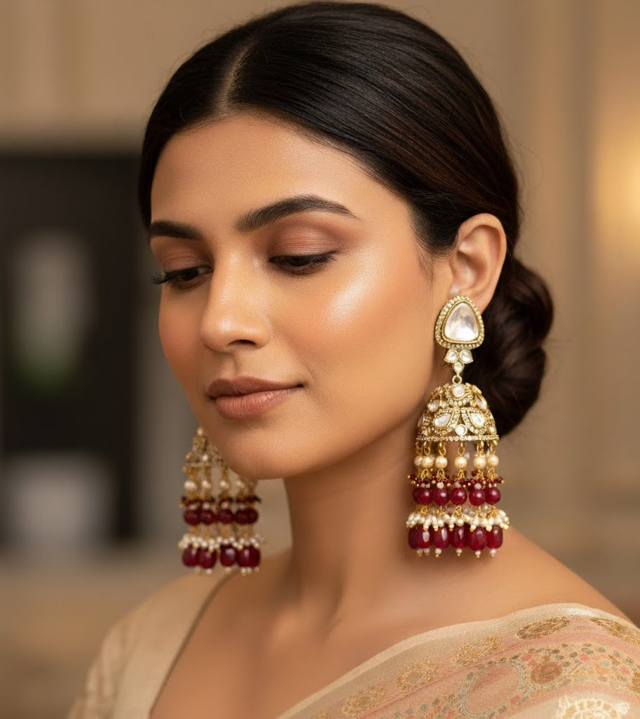 Ruby Stone Kundan Polki Jhumki Earrings