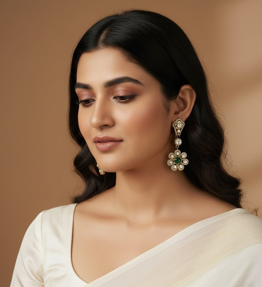 Emerald Stone Kundan Mossianite Stone Earrings