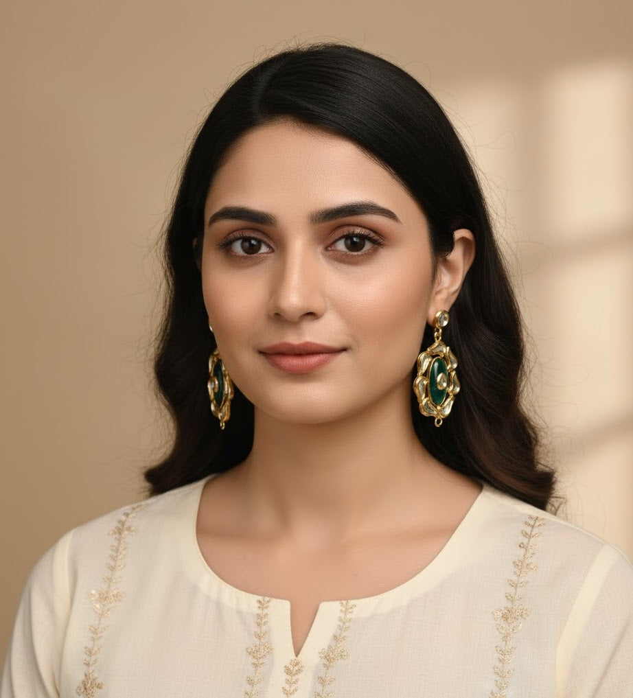 22k Gold Plated Green Stone Kundan Earrings