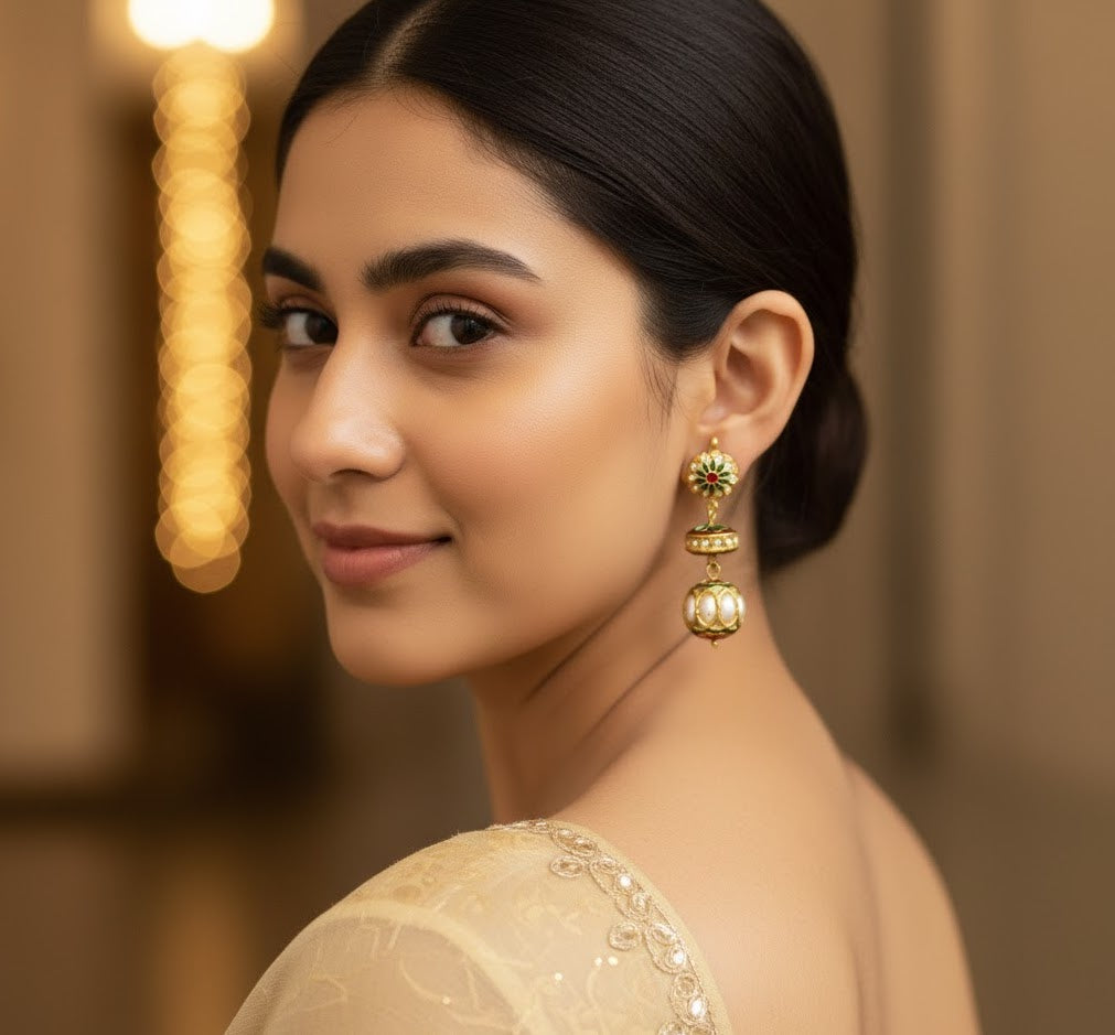 Real Pearl Beaded Jadau Earrings