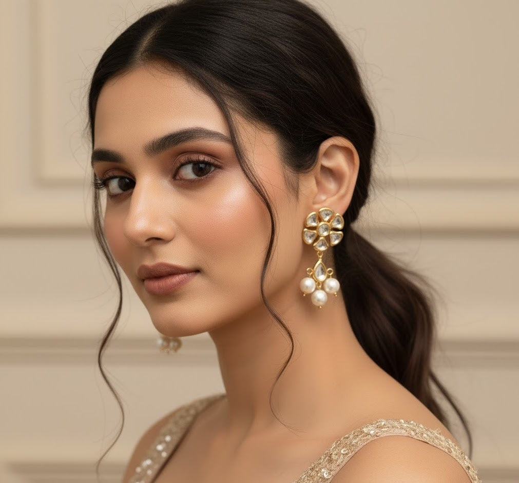 22k Gold Plated Kundan Pearl Earrings