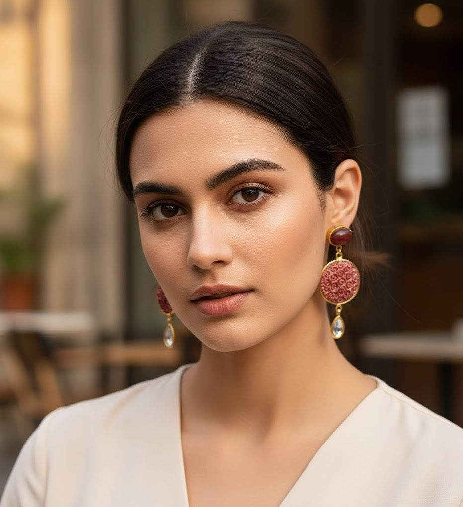 22k Gold Plated Red Engraved Floral Kundan Earrings