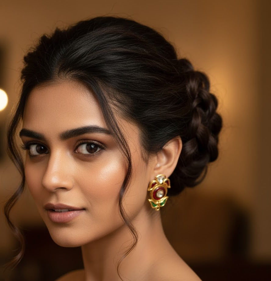 22k Gold Plated Red Green Stone Kundan Earrings