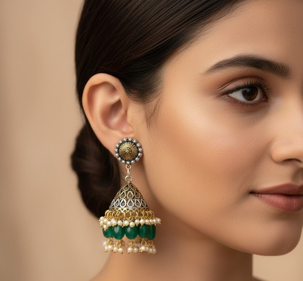 Green Stone Dual Tone Oxidised Jhumki Earrings
