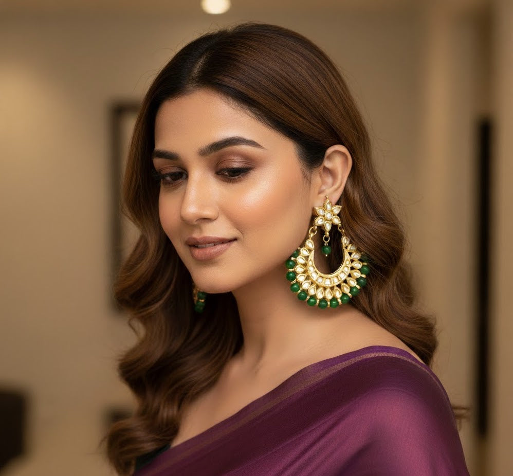 Green Kundan Chandbali Earrings
