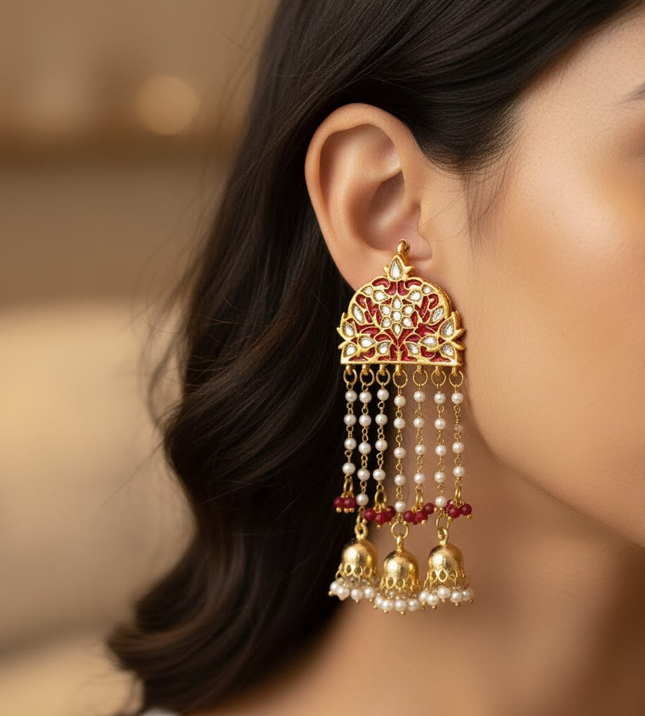 Red Meenakari Long Pearl Jhumki Earrings