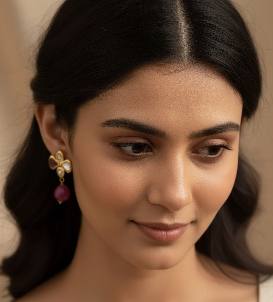 22k Gold Plated Red Drop Kundan Earrings