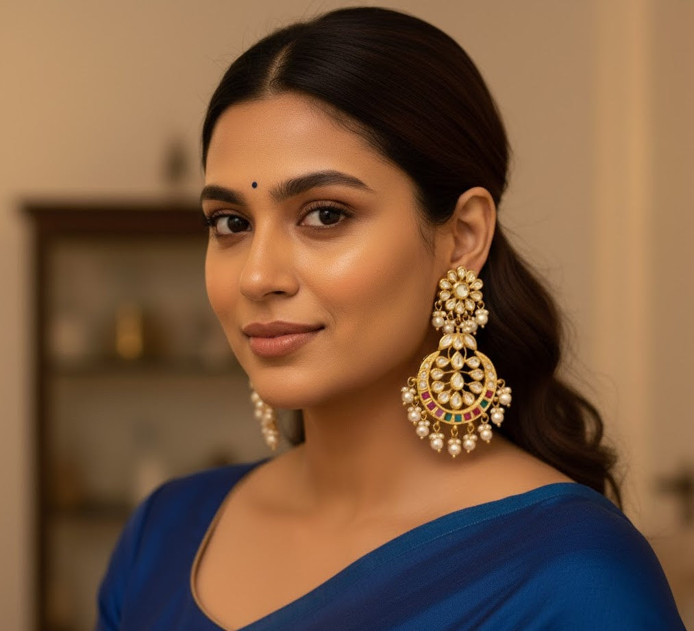 Navratan Kundan Chandbali Earrings