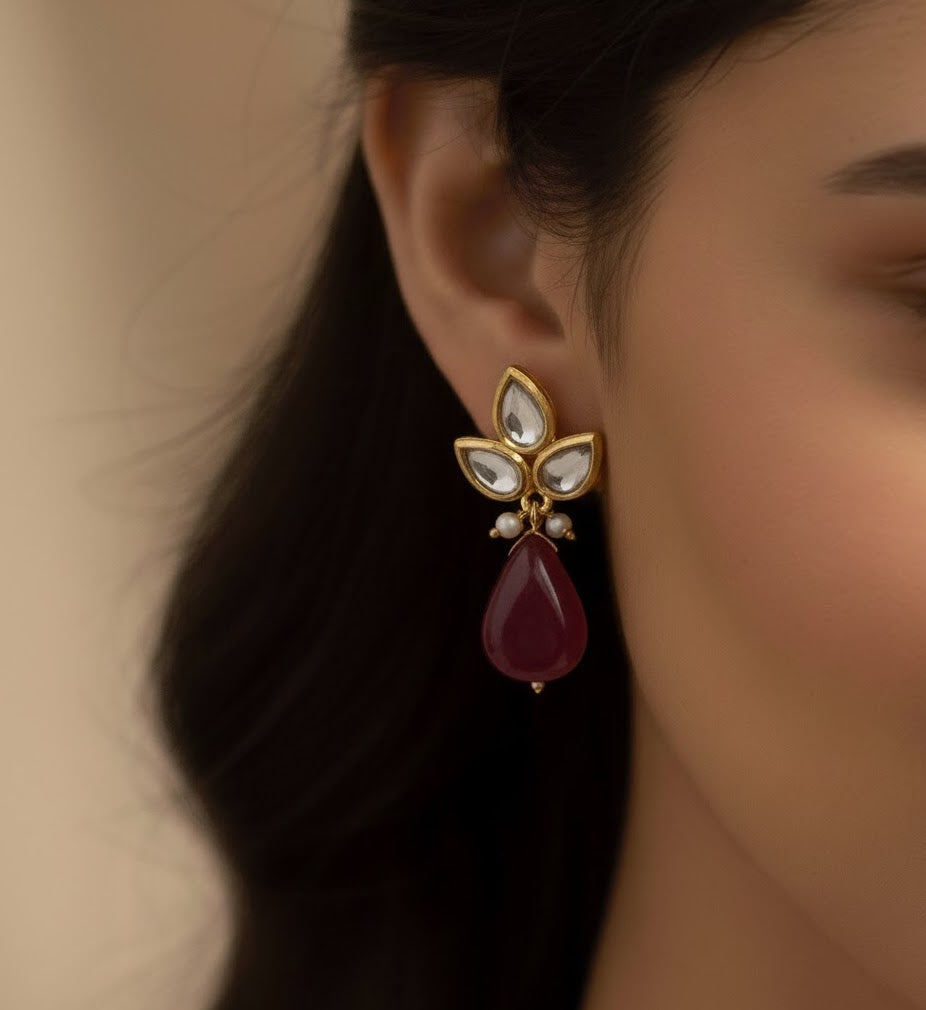 22k Gold Plated Maroon Drop Kundan Earrings