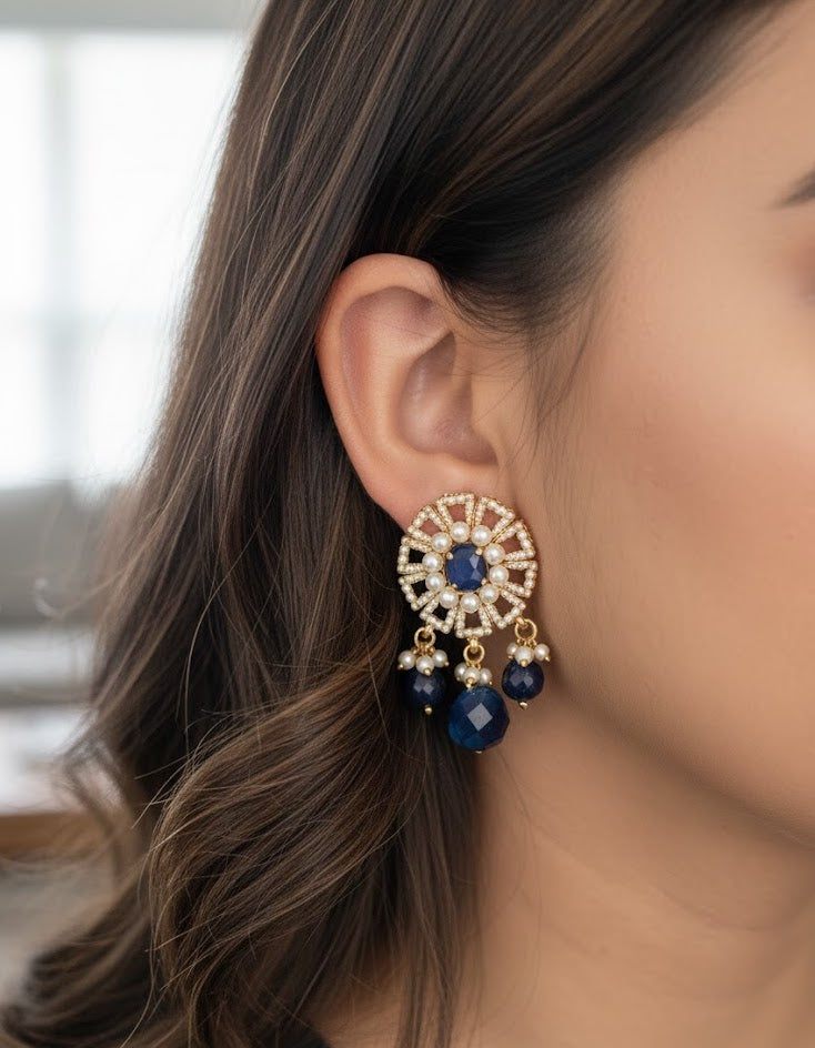 Blue American Diamond Pearl Earrings