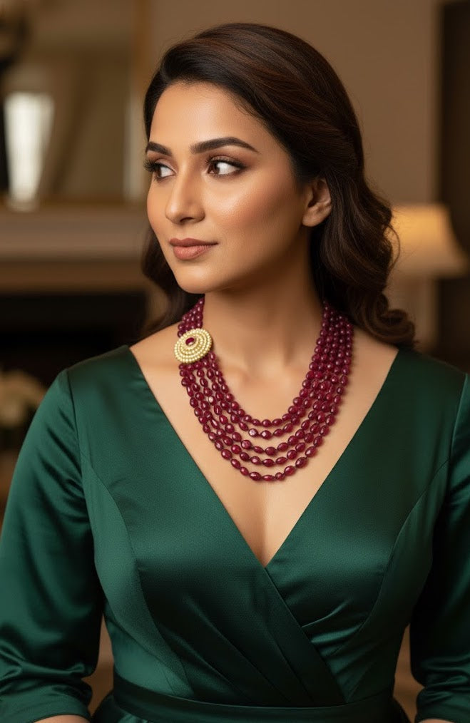 Designer Ruby Red Stone Kundan Beaded Long Necklace