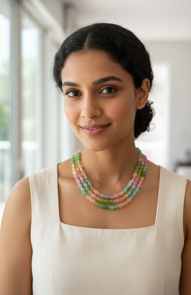 Multi Color Stone Three Layered Necklace