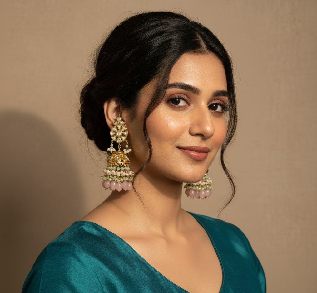 Pink Kundan Jhumka Earrings