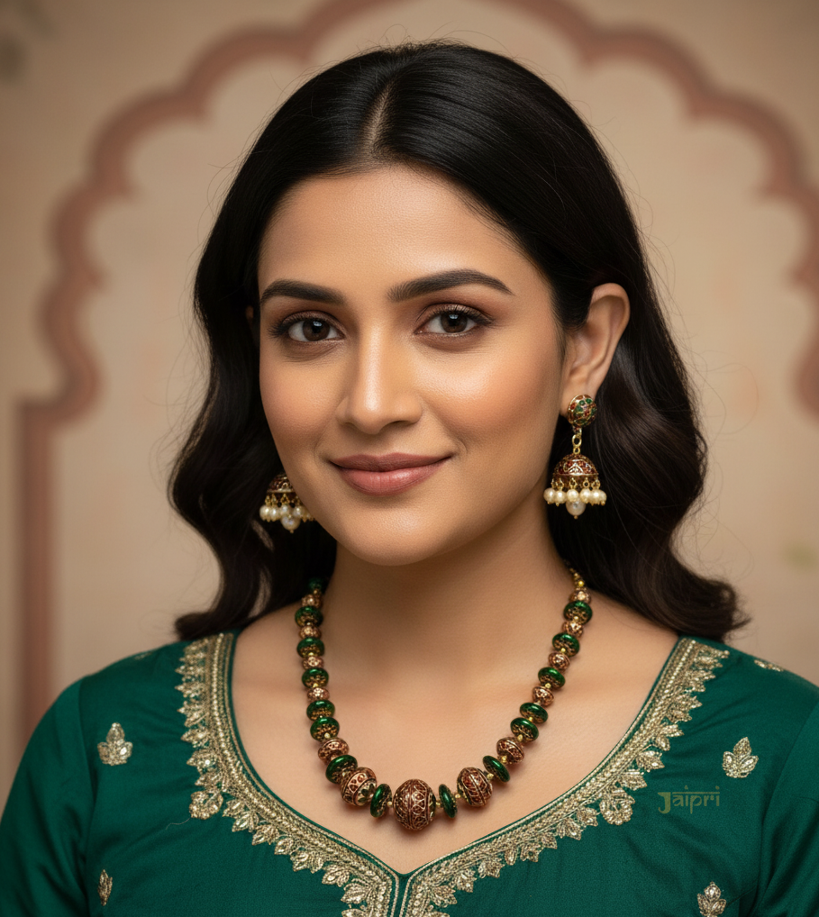 Maroon Green Meenakari Necklace With Earrings