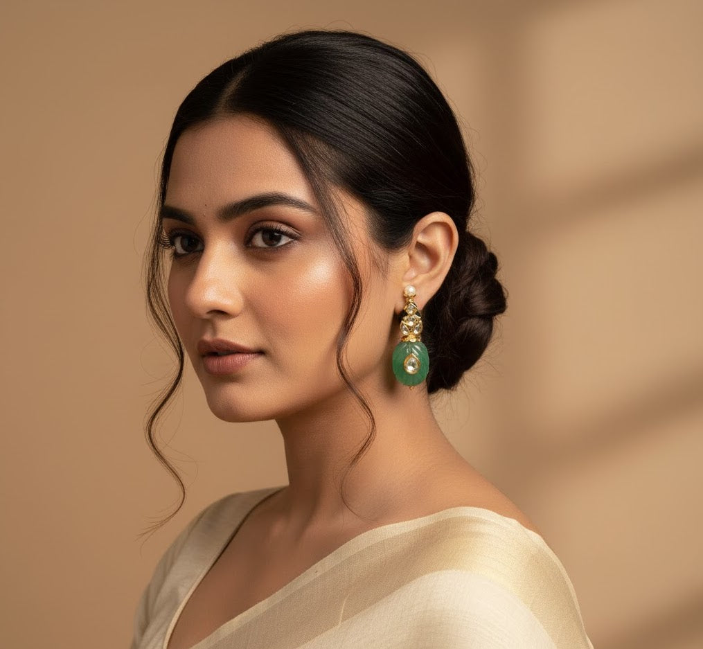 Green Engraved Stone Kundan Earrings