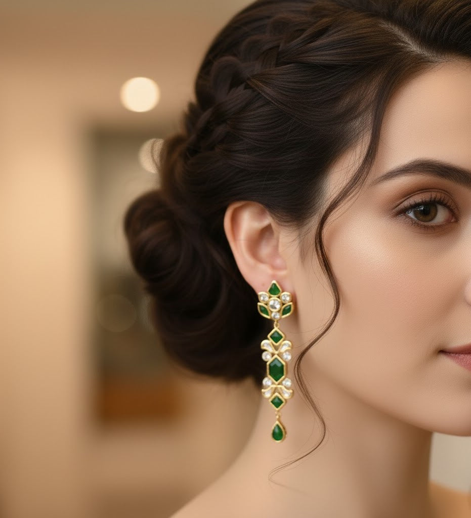 22k Gold Plated Green Stone Long Kundan Earrings
