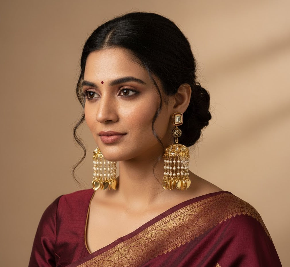 Kundan Stone Pearl Jhumka Earrings