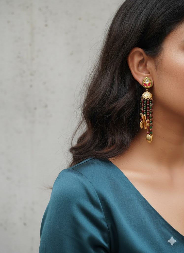 Red Green Beaded Gold Jhumki Earrings