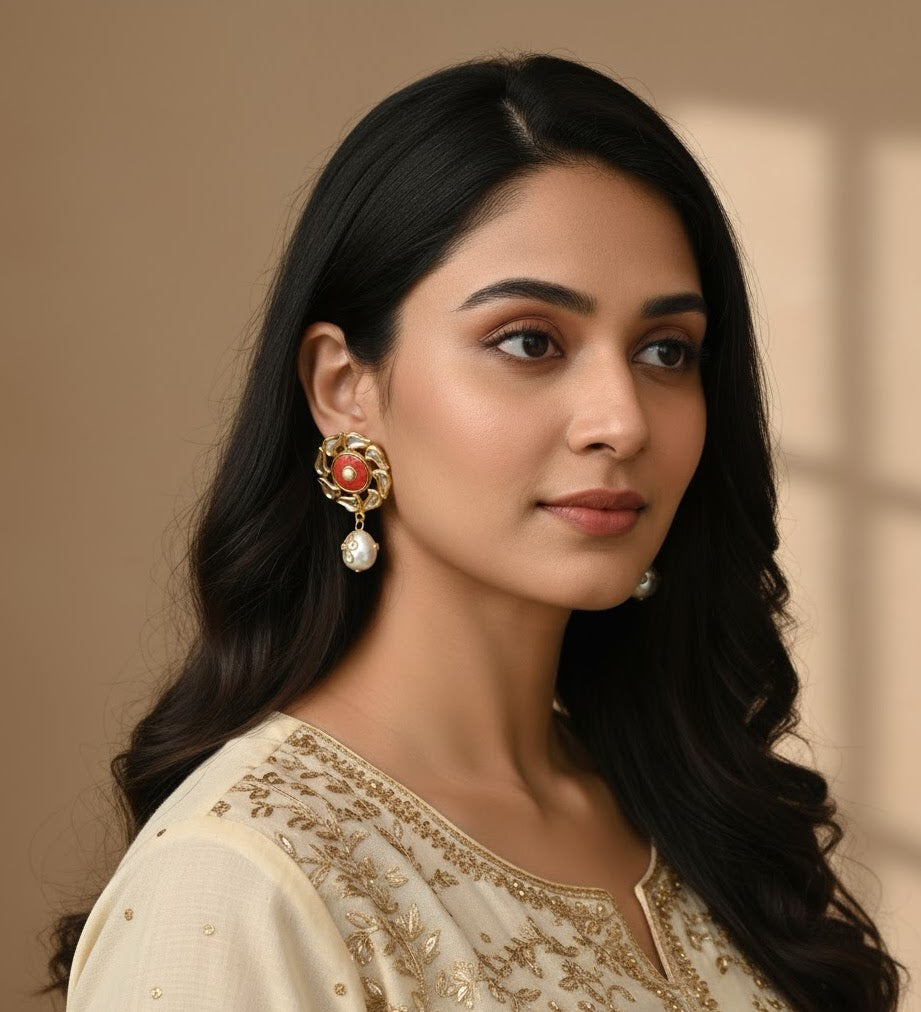 22k Gold Plated Red Stone Kundan Stud Earrings