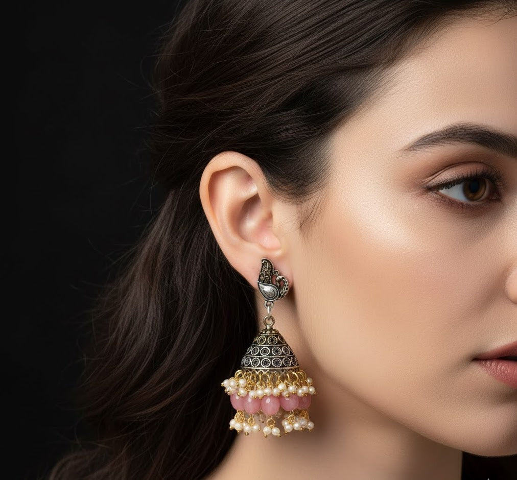 Pink Peacock Dual Tone Oxidised Silver Jhumki Earrings