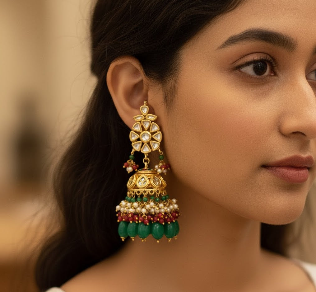 Multi Long Kundan Jhumki Earrings