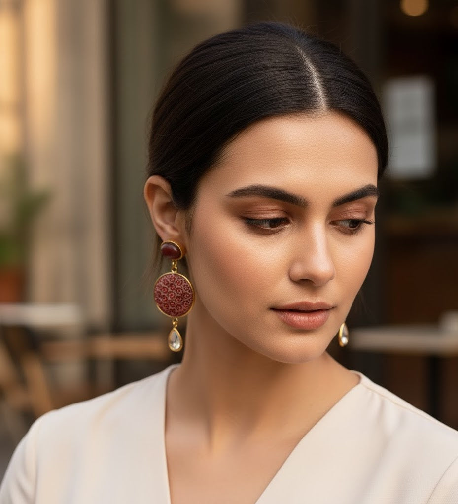 22k Gold Plated Red Engraved Floral Kundan Earrings