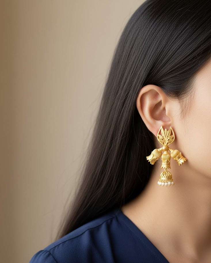 Floral Matte Gold Jhumki Earrings