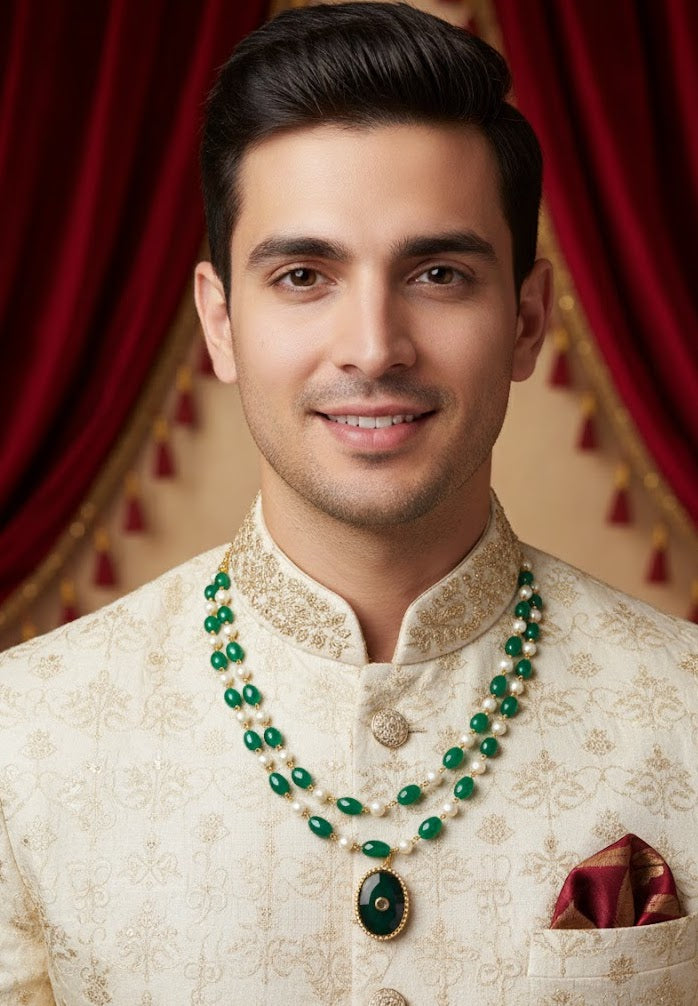 Two Layered Pearl And Green Beaded Groom Necklace
