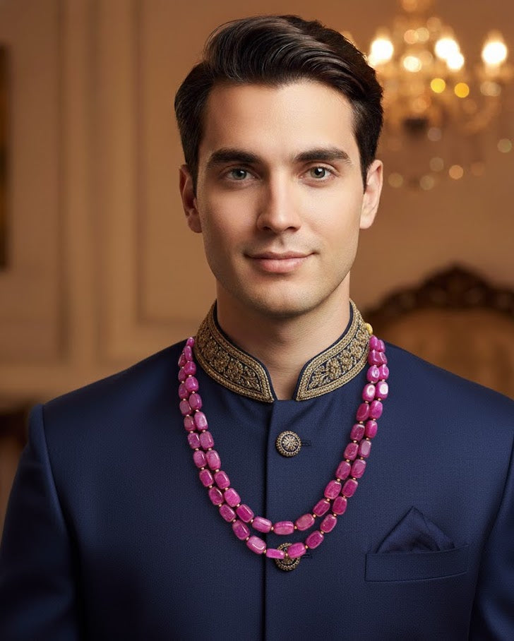 Pink Double Layered Beaded Groom Necklace For Sherwani
